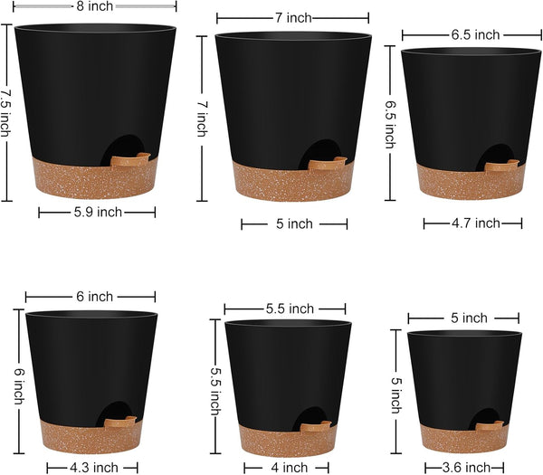 YNNICO Indoor Self Watering Planters with Drainage Holes and Saucers, 8, 7, 6.5, 6, 5.5, 5 Inches, Black, 6 Pots 8+7+6.5+6+5.5+5 inch Black