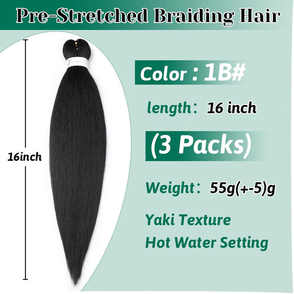 Braiding Hair 16 Inch Pre stretched Braiding Hair Extensions Yaki Hot Water Synthetic Hair(16nch,3Packs Natural black) 1B# 16 Inch(Pack of 3)