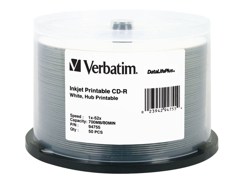 Verbatim CD-R 700MB 52X DataLifePlus White Inkjet Printable, Hub Printable - 50pk Spindle - 94755 50-Disc White Hub Printable