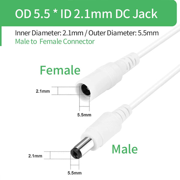 DC Power Splitter 1 to 2 Way, DC Power Supply Splitter Cord Plug 5.5mm x 2.1mm, for CCTV Security Camera,LED Strip Light and More, 2-Pack White