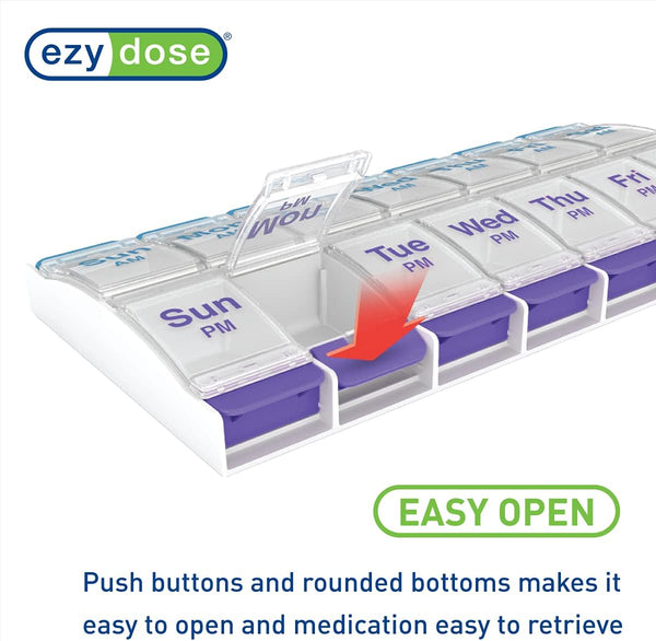 Ezy Dose Weekly (7-Day) AM/PM Pill Organizer, X-Large Case, Blue/Purple | Daily Vitamin Box & Supplement Medicine Planner, 2 Times a Day Push