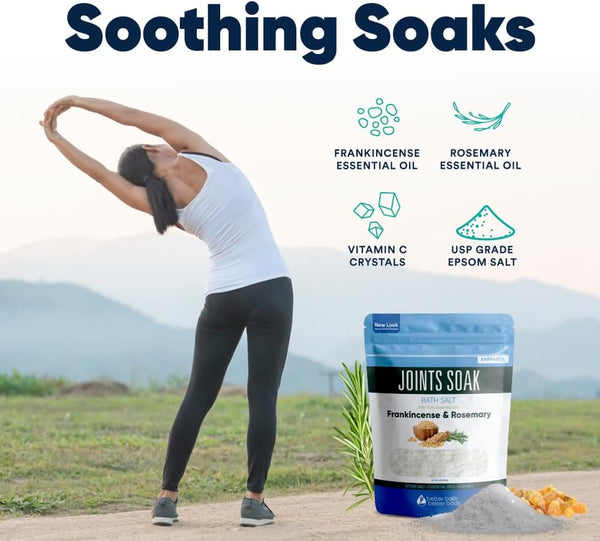 Joints Soak Bath Salt 32 Ounces Epsom Salt with Natural Rosemary, Frankincense and Peppermint Essential Oils Plus Vitamin C in BPA Free Pouch with