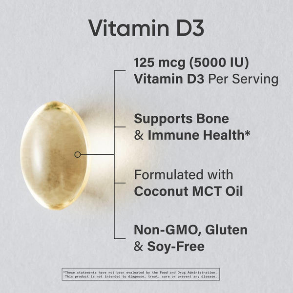 Sports Research Vitamin D3 5000Iu (125Mcg) with Coconut Oil ~ High Potency Vitamin D for Immune & Bone Support ~ Non-Gmo Verified, Gluten & Soy