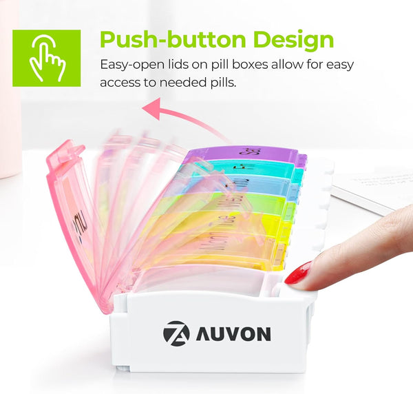 AUVON Weekly Pill Organizer Arthritis Friendly, BPA Free Travel 7 Day Pill Box Case with Spring Open Design and Large Compartment to Hold