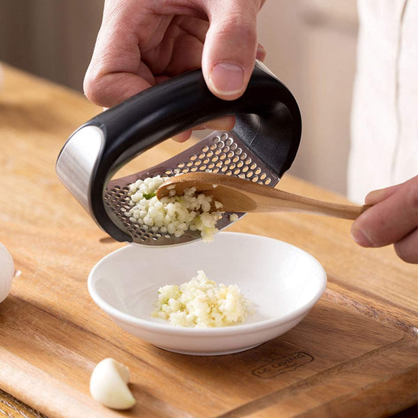 Garlic Press Rocker Stainless Steel Ginger Crusher Squeezer Kitchen Gadget with Ergonomic handle, Silicone Tube Garlic Peeler and Cleaning Brush