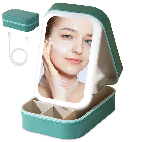 Small Travel LED Makeup Mirror Case with 3 Adjustable Color Light Settings, Dust-Proof Jewelry Box, Mini Cosmetic Train Case Ideal for Short Trips