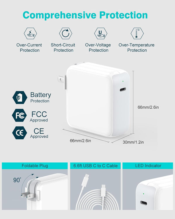 Charger for MacBook Air MacBook Pro 13 14 15 16 inch 2025 2024 2023 2022 2021 2020, M1 M2 M3 M4 Laptop 70W USB C Power Adapter, iPad, LED, 6.6FT