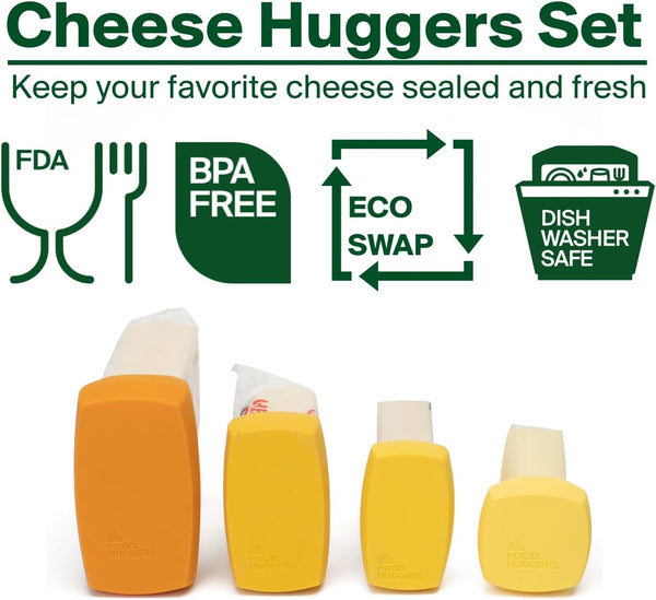 Food Huggers Cheese Huggers Set of 4 Reusable Silicone Savers | Cheese Paper Alternative | Store Cheddar, Swiss, Colby Jack and More