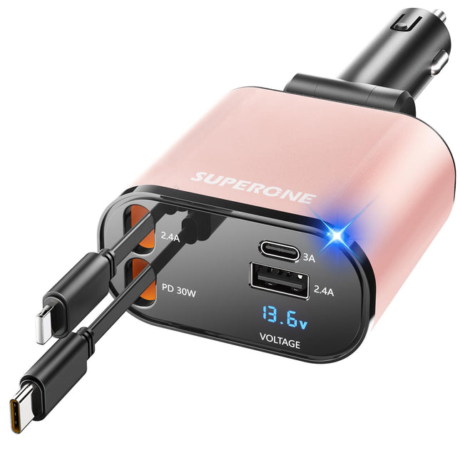 ?Upgraded? SUPERONE Retractable Car Charger 4 in 1, Fast Car Phone Charger with Cord 2.6Ft, USB C Car Charger Adapter, C
