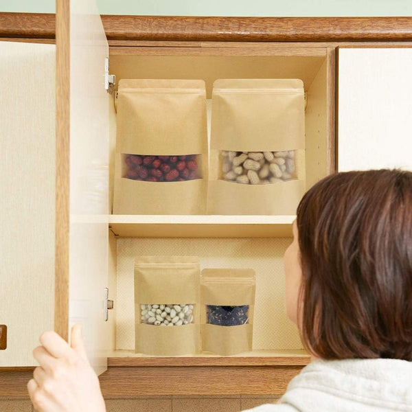 50Pcs Resealable Kraft Paper Stand Up Pouches with Window - 3.5" x 5.5" Small Food Storage Bags with Zip Lock - Heat Sealable Brown Paper Bags for