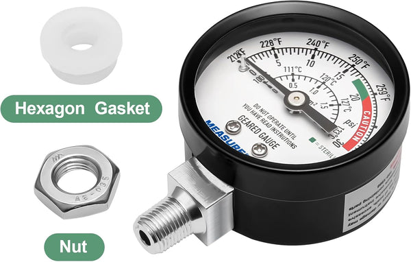 MEASUREMAN Stainless Steel Pressure Cooker Gauge, Pressure Canner Gauge, Steam Pressure Gauge, 2" Dial, Lower Mount, Including Hexagon Gasket and