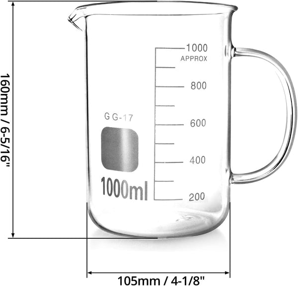 QWORK Beaker with Handle, 1000ml/33.81oz, Measuring Cup, Borosilicate Glass, Beaker Mug with Pouring Spout, 2 Pack