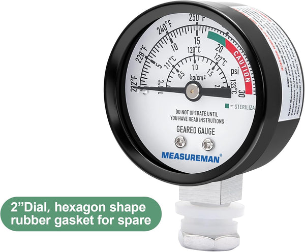MEASUREMAN Stainless Steel Pressure Cooker Gauge, Pressure Canner Gauge, Steam Pressure Gauge, 2" Dial, Lower Mount, Including Hexagon Gasket and