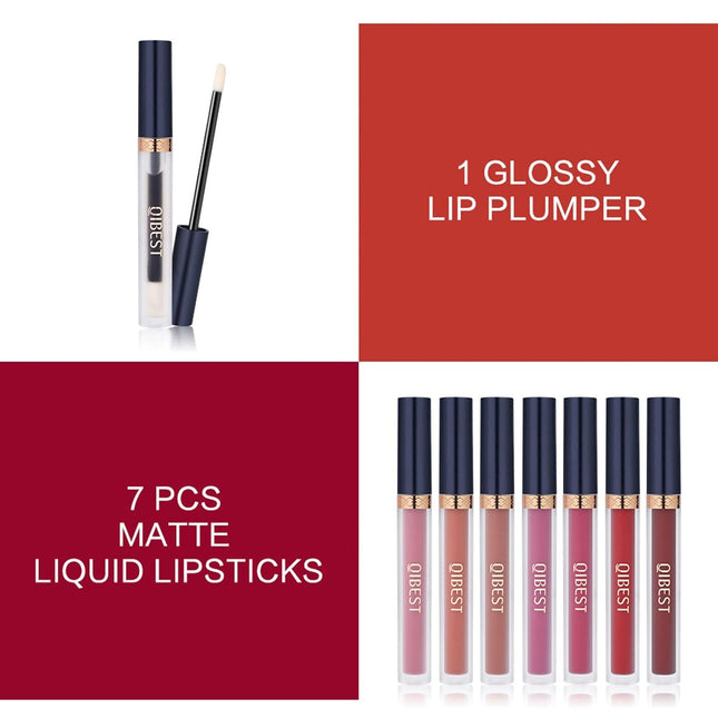 QiBest 7Pcs Matte Liquid Lipstick + 1Pcs Lip Plumper Makeup Set Kit, Pigmented Long Lasting Lip Gloss Set, Velvet Waterp