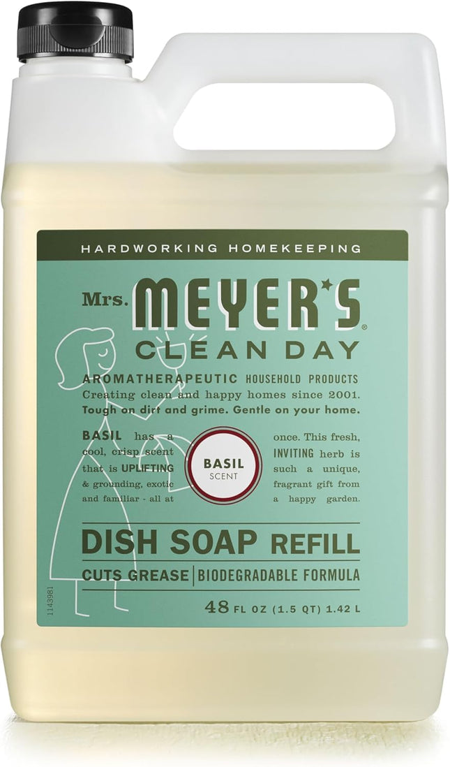MRS. MEYER'S CLEAN DAY Liquid Dish Soap Refill, Biodegradable Formula, Basil, 48