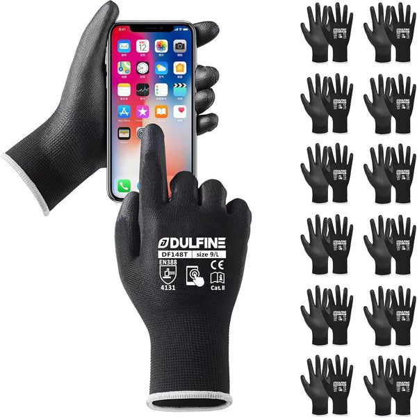 DULFINE Safety Work Gloves PU Coated for Men and Women-12 Pairs,Black Seamless Knit Glove with Two Fingers Touchscreen,Ideal for General Duty Work