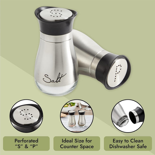 Stainless Steel Salt and Pepper Shaker Set with Glass Bottom, Perforated "S" and "P" Caps - Modern Kitchen Counter Decor (4oz) 4 Inch