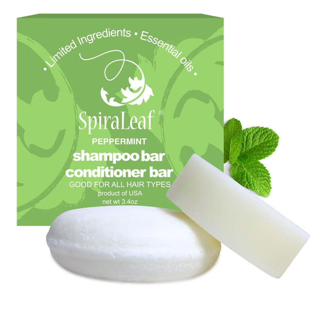 Spiraleaf Shampoo Bar & Conditioner Bar Set, PEPPERMINT Pure Essential Oils, Lig
