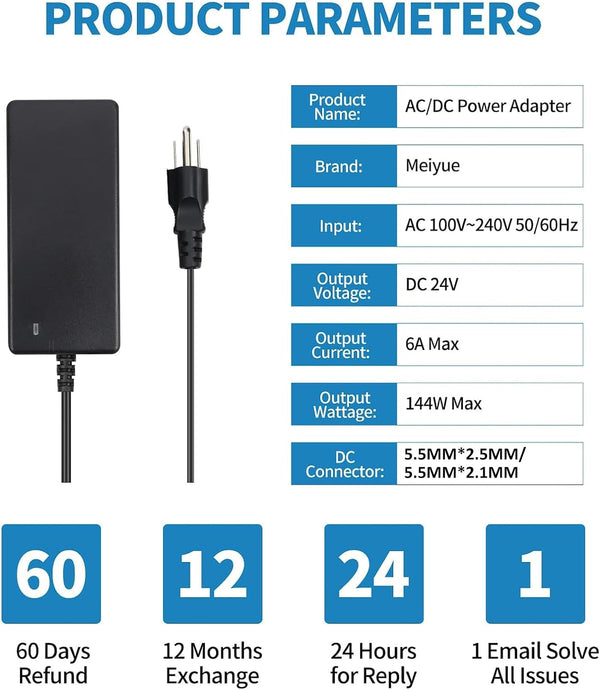 24V Power Supply,24Volt 6Amp 144W 100-240V AC to 24V DC Power Supply with 5.5mm x 2.5mm&2.1mm Output,LED Terminal Connector,24V 6A Power Supply 5A
