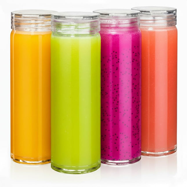 Glass Water Bottles - 4 Pack Wide Mouth Juice Bottles with Clear Lids for Juicing, Smoothies, Fruit Water, Teas, Beverag