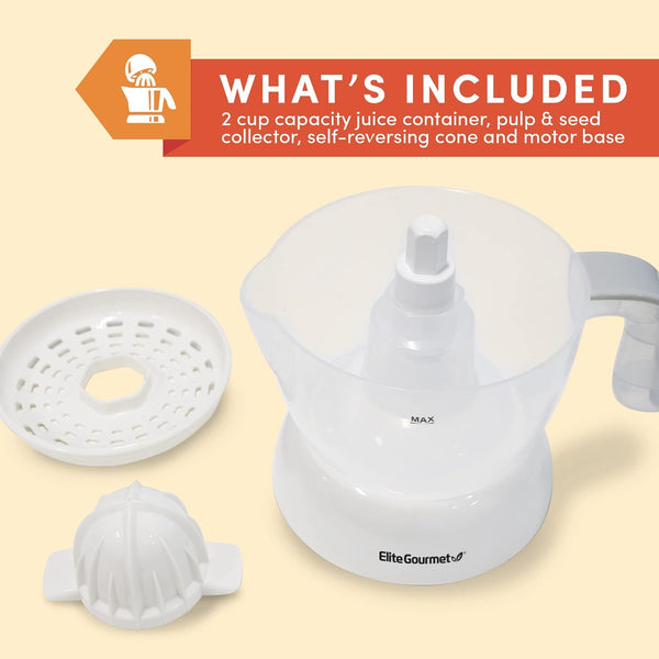 Elite Gourmet ETS-411 Electric Citrus Juicer, Compact 30-Watt, 16 oz, White | BPA-Free build with large-volume pulp control - juices oranges,