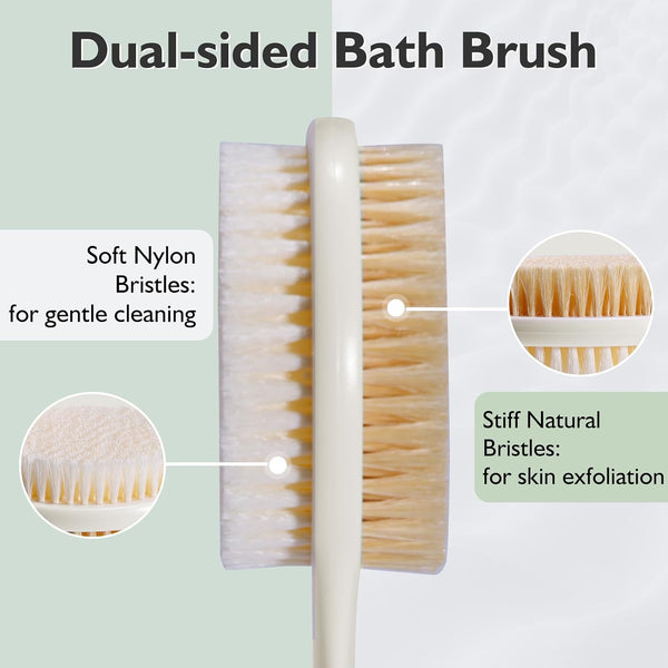 VANZAVANZU 17 Inch Anti-Slip Long Handle Back Scrubber for Shower – Dual-Sided Shower Brush and Shower Back Scrubber with Soft and Stiff Bristles