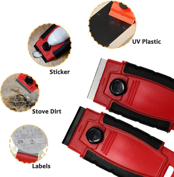 Plastic Razor Blade Scraper Hand Held Window Vinyl Tint Scraper with Protective Cover Razor Blade Red Scraper,10 Metal Razor Blades 10 Black