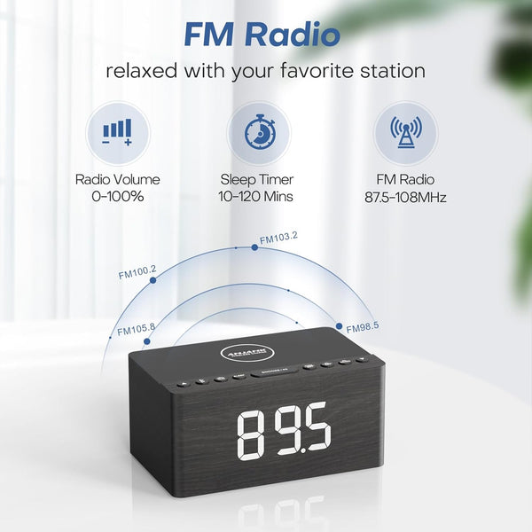 ANJANK Wooden Bluetooth Speaker Alarm Clock with Fm Radio, Wireless Charging Station for iPhone/Samsung, USB Charger Port, Dimmable Display, Sleep