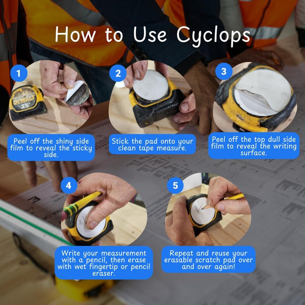 CYCLOPS Erasable Scratch Pads for Tape Measure, Construction, Woodworking Tool - 5 Pads - Write Measurements & Notes - Great Stocking Stuffer,