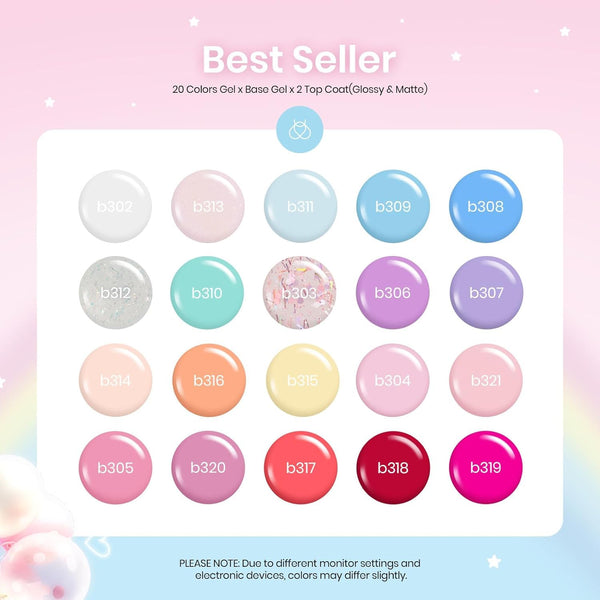 Beetles Gel Nail Polish Set With Base & Matte Top Coat Pastel Gel Polish | 20 Color Pastel Shades Featuring Pink Blue Purple Green Yellow Nude