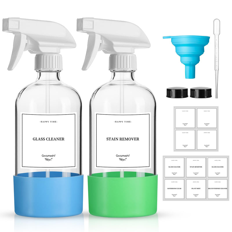 GIVAMEIHF 2 Pack Glass Spray Bottles with Silicone Sleeve,16oz Clear Glass Spray Bottles Refillable Empty Bottle with Adjustable Nozzle,Spray