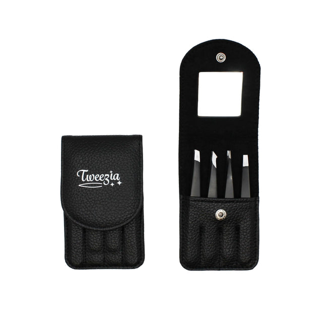 TWEEZIA Stainless Steel Tweezer Set - 4 Precision Tweezers with Mirror & Leather