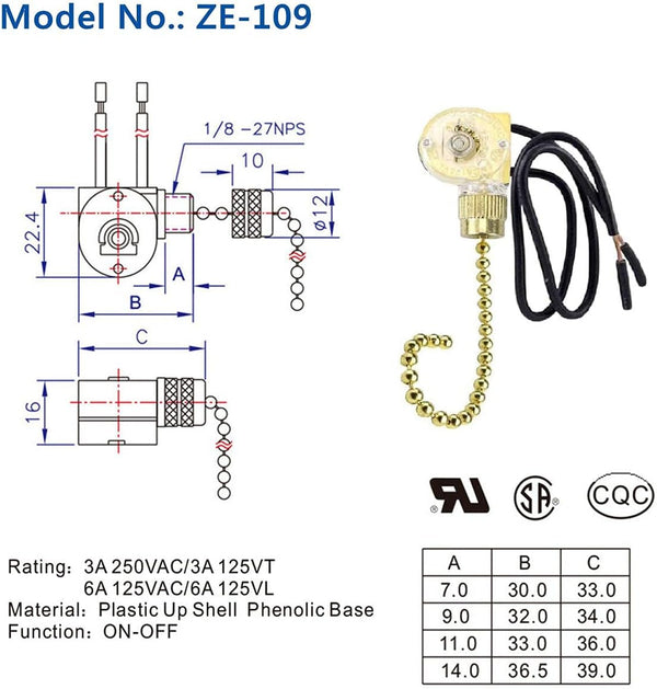 Pull Chain Switch Zing Ear ZE-109 Ceiling Fan Switch Ceiling Fan Light Lamp Replacement 2 Pack Brass