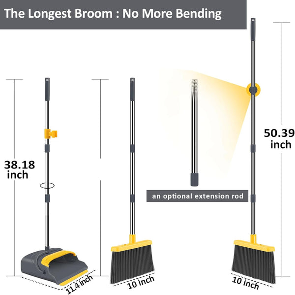 Upgrade Broom and Dustpan Set, Broom with Dustpan Combo Set, Self-Cleaning with Dustpan Teeth, Indoor&Outdoor Sweeping, Stand Up Broom and Dustpan