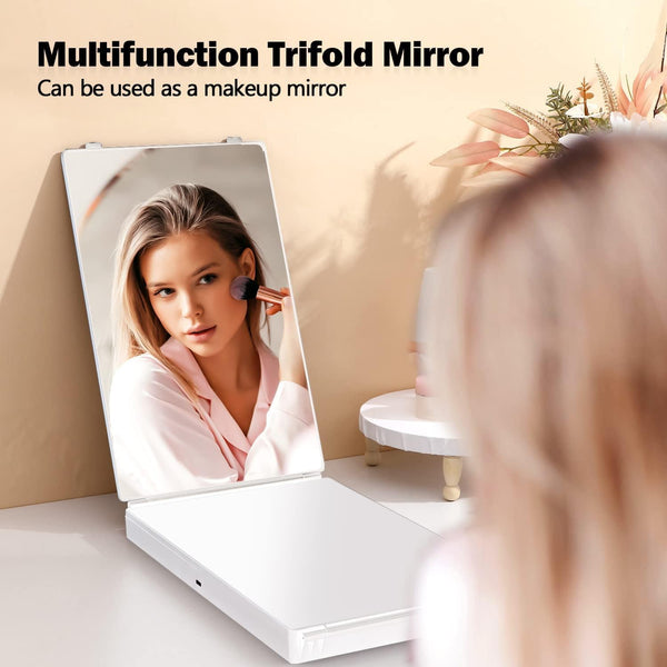 JANMPASK LED 3 Way Mirror for Self Cutting Mirror Vanity Barber Supplies Accessories 360 Makeup Mirror with Light Trifold to See Back of Head(White)