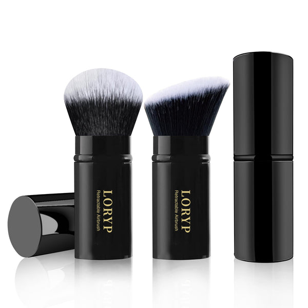 LORYP Retractable Kabuki Foundation Brush 2 Pack Travel Makeup Brush Set Light Black