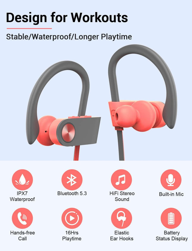 Stiive Bluetooth Headphones, Wireless Sports Earbuds IPX7 Waterproof with Mic, Stereo Sweatproof In-Ear Earphones, Noise