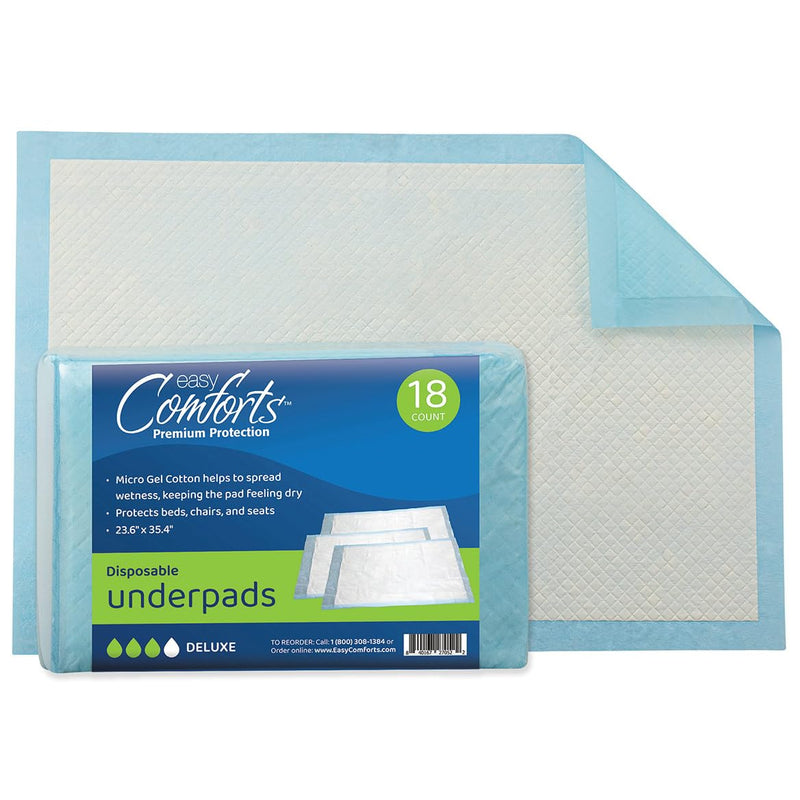 Premium Protection Chucks Disposable Underpads, Super Absorbent Protective Bed Pads for Seniors, Pkg of 18, by Easy Comforts Deluxe