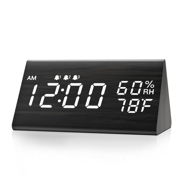 Digital Alarm Clock, with Wooden Electronic LED Time Display, 3 Alarm Settings, Humidity & Temperature Detect, Wood Made Electric Clocks for