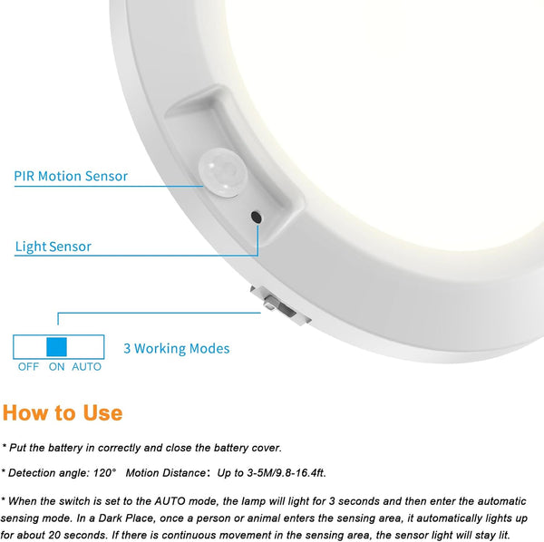 LED Motion Sensor Light Indoor, Battery Operated Ceiling Light | Wireless, Stick-on Under Cabinet Closet Light No Wiring, 210LM 6000K Daylight,