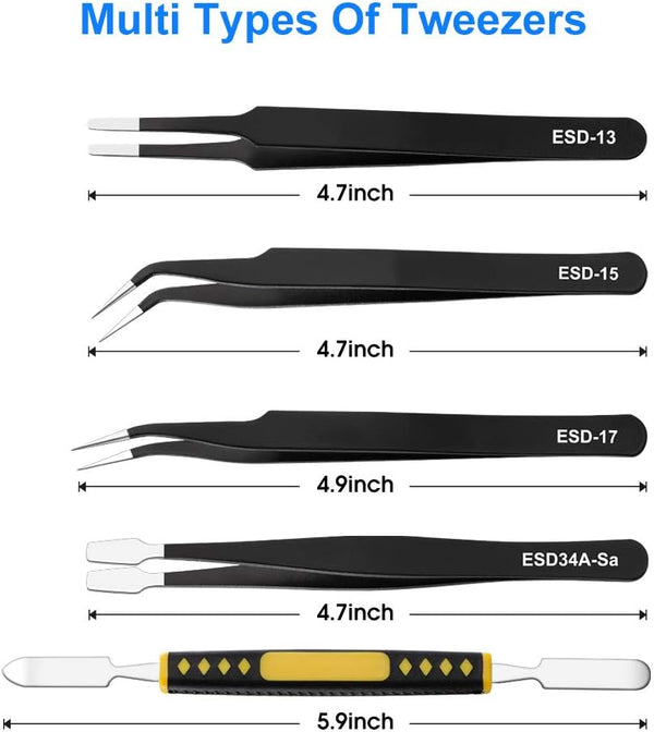 UUBAAR 10 PCS Precision Tweezers Set, Stainless Steel ESD Anti-Static Tweezers Kit for Electronics Soldering, Jewelry-Making, Laboratory & Crafts