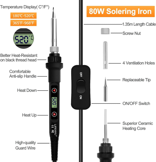 Soldering Iron Kit 80W LCD Adjustable Temperature 180-520? Solder Kit Electronics 13 in 1 Welding Tools with ON/OFF Swit