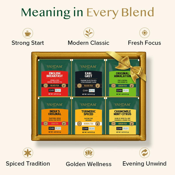 VAHDAM, Assorted Tea Gift Set (6 Varieties, 36 Tea Bags) - Variety Pack - Black, Green, Chai and Herbal Tea Sampler | Gifts Set for Lovers | Gifts