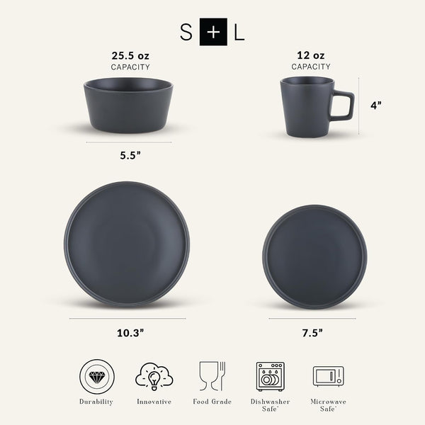 Stone Lain Coupe Stoneware Dinnerware Set, Service for 4, Gray Matte Dinnerware Set Service For 4 Gray Matte