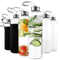 Kitchen Lux 16 Ounce Glass Water Bottles, Reusable Water Bottles with Airtight, Pack of 6, Stainless Steel Lids Carrying Strap And Nylon Water