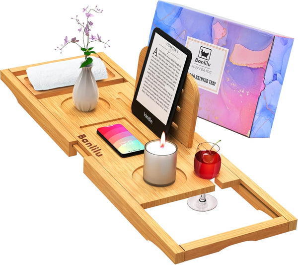 Luxury Bathtub Tray Caddy - Bath Tray Expandable - Bath Tub Tray Table for Bathtub - Bath Caddy Tray for Bathtub, Ajustable Size, Fits Most Tubs