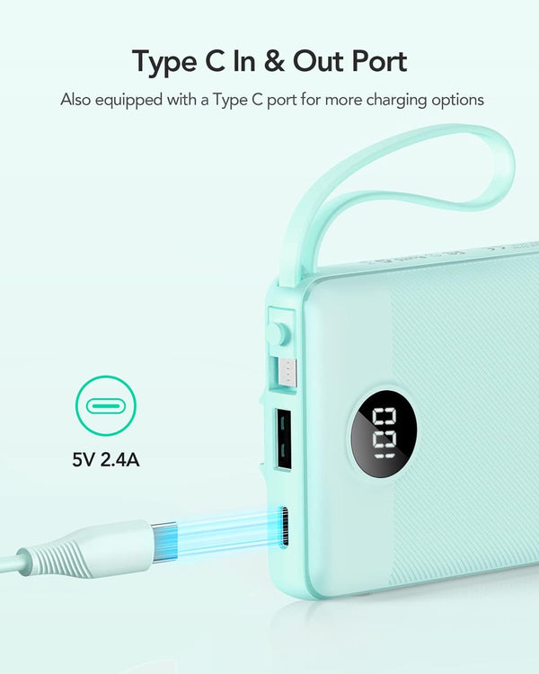 VRURC Portable Charger, Slim Power Bank Built-in 4 Cables, Travel Essential Green