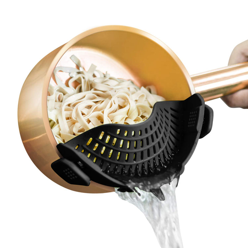 AUOON Clip On Strainer Silicone for All Pots, Standard 8.86 x 3.55in, Black | Food-grade BPA-free, Fits Pots Pans Bowls, Dishwasher Safe, for