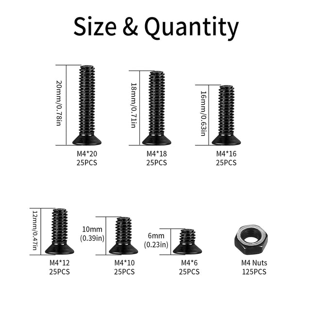 M4 Flat Head Machine Screws and Nuts Kit, 275 Pcs Black Countersunk Head Phillips Screws Bolts Hex Nuts Assortment Kit -