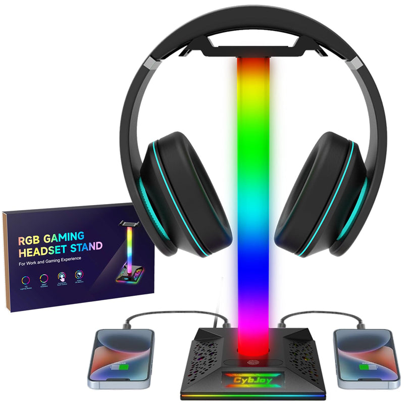 Gaming Headphone Stand PC Accessories - RGB Headset Stand with 2 USB and 1 Type-C Ports, LED Headphone Stand Gift for Boys Men, Computer Game